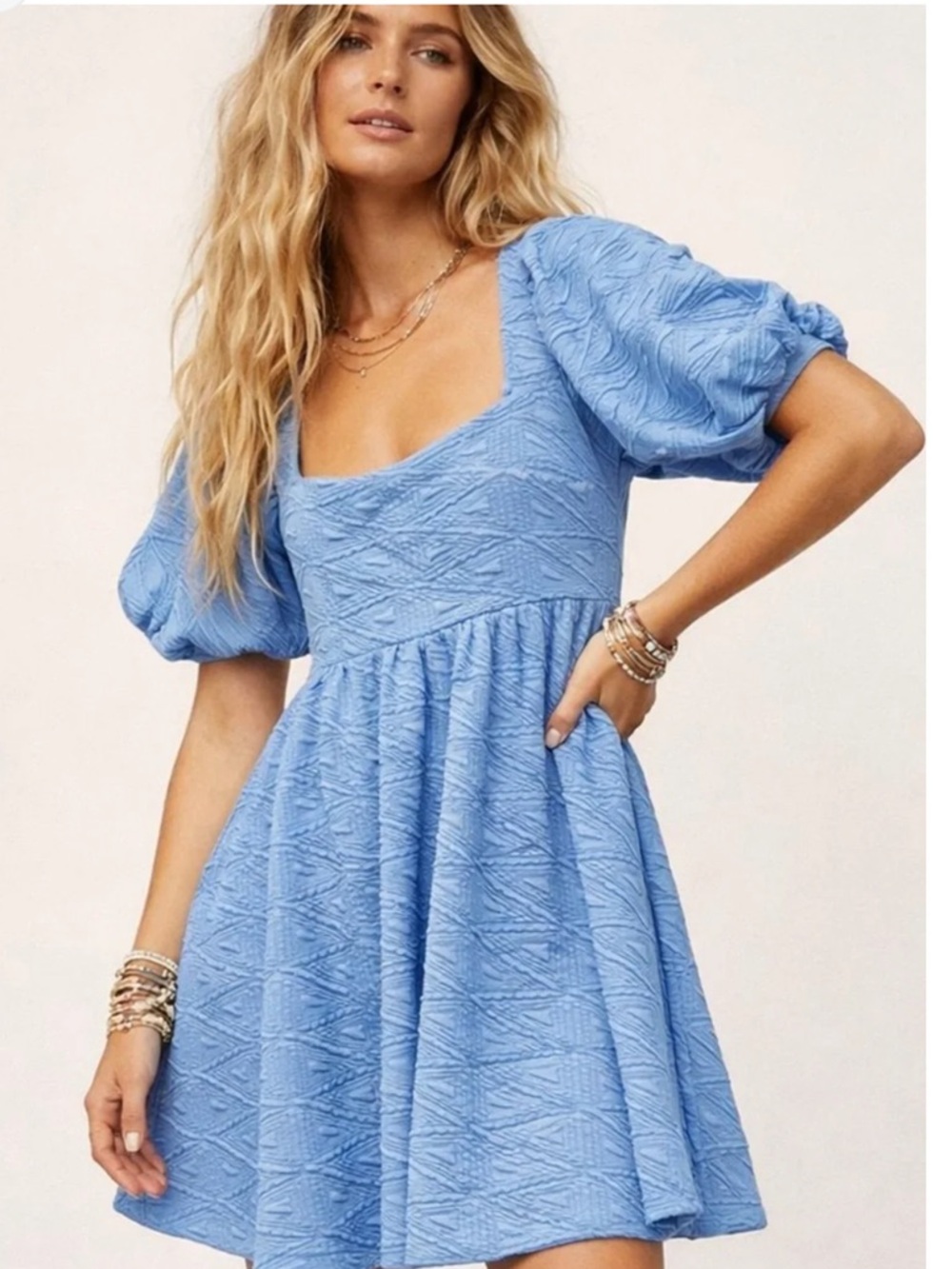 Free People Violet Puff Sleeve Mini Dress in December Sky Blue